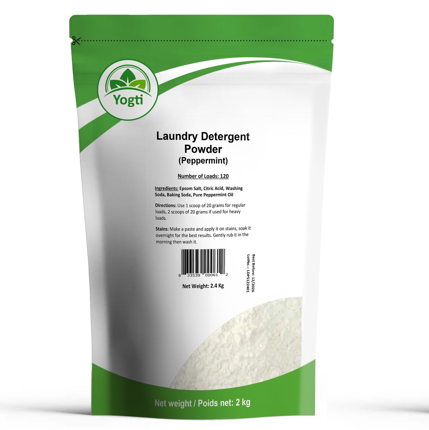 Yogti Natural Laundry Detergent Powder, Supreme Concentrated, Made with Epsom Salts and Pure Essential Oil - Peppermint - 120 Loads