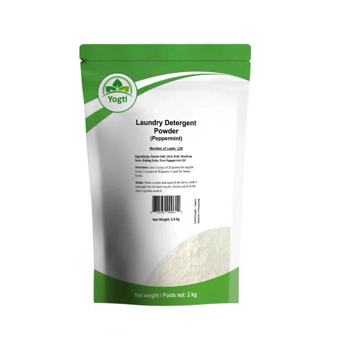 Yogti Natural Laundry Detergent Powder, Supreme Concentrated, Made with Epsom Salts and Pure Essential Oil - Peppermint - 120 Loads