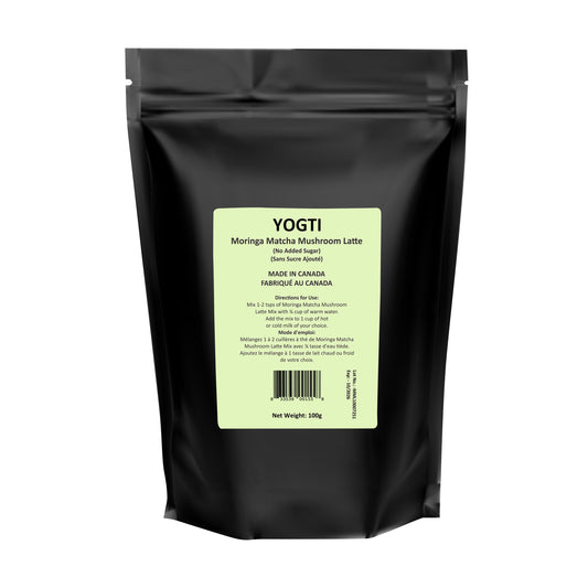 Yogti Matcha Moringa Mushroom Latte Mix - No Added Sugar, Infused with Coconut Milk Powder, Celtic Sea Salt and Vanilla Flavour, Ceremonial Grade Matcha, Barista Style, 100g